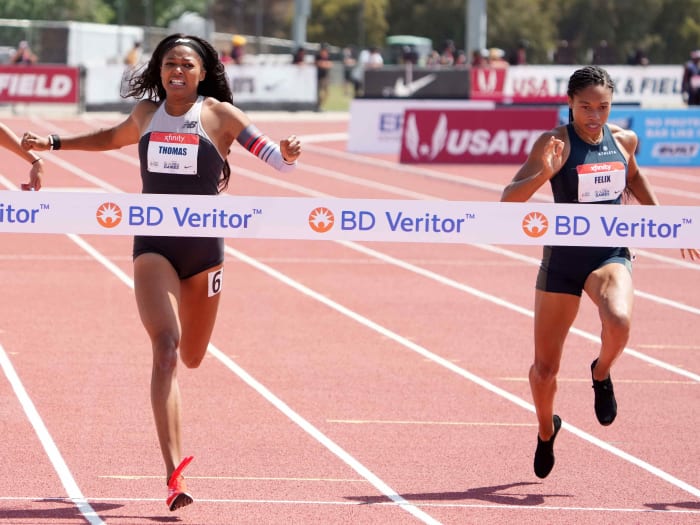 Gabby Thomas aka Gabrielle Thomas (USA) defeats Jenna Prandini (USA), left, and Allyson Felix (USA) to win the women's 200m in 22.12 during the USATF Golden Games at Hilmer Lodge Stadium.